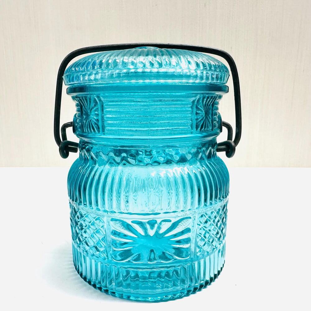 Vintage Avon Country Peaches Soap Jar Blue Glass Lidded Jar Wire Bail Closure